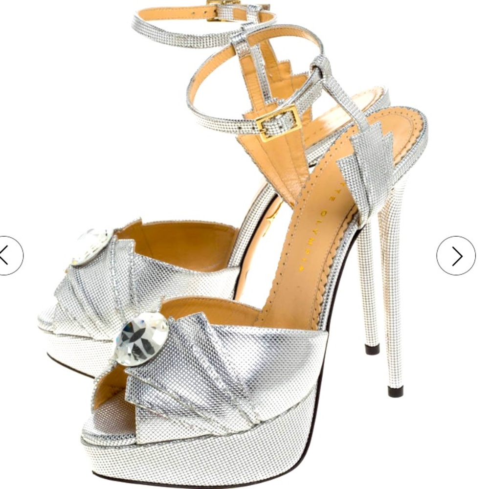 Charlotte Olympia sky high platform in silver pattern w/ large crystal! Stunner!